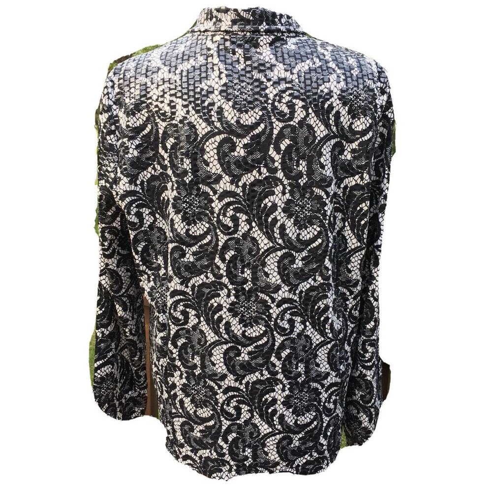 Laura Ashley Jacket Women Sz L Full Zip Black White Paisley Shiny Boxy Collar - Picture 6 of 12